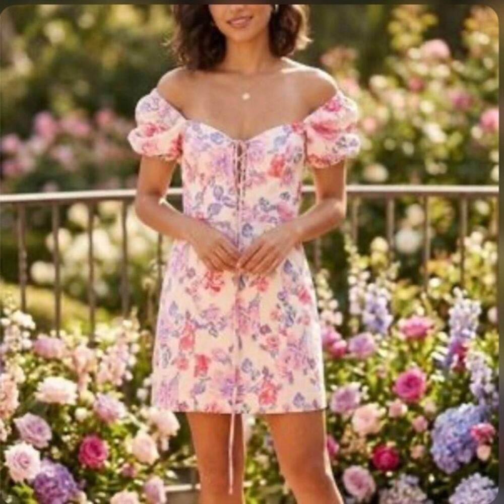 Zara Cream Floral Puff Sleeve Mini Dress
